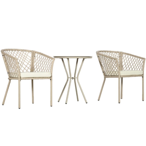 SET DA GIARDINO IN RATTAN CON 2 POLTRONCINE CON CUSCINI E TAVOLINO DA CAFFÈ IN VETRO, KHAKI