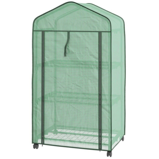 MINI SERRA DA GIARDINO CON COPERTURA IN PE, 3 RIPIANI E RUOTE, 69X49X130CM, VERDE