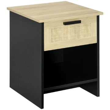 COMODINO STILE BOHO CHIC IN LEGNO E RATTAN CON CASSETTO E RIPIANO, 40X40X50CM, NERO E NATURALE