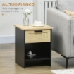 COMODINO STILE BOHO CHIC IN LEGNO E RATTAN CON CASSETTO E RIPIANO, 40X40X50CM, NERO E NATURALE