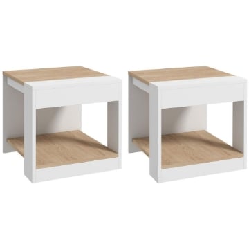 SET DA 2 TAVOLINI DA SOGGIORNO CON DESIGN A DUE LIVELLI, 40X40X45CM, BIANCO E QUERCIA