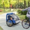 RIMORCHIO BICI BAMBINI 2 POSTI CON CINTURE DI SICUREZZA IN ACCIAIO E TESSUTO OXFORD BLU