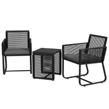 SET DA GIARDINO IN RATTAN CON 2 POLTRONCINE CON CUSCINI E TAVOLINO DA CAFFÈ IN VETRO, NERO