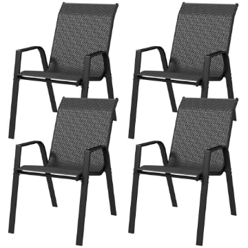SET 4 SEDIE DA GIARDINO IMPILABILI CON BRACCIOLI IN RATTAN PE E ACCIAIO, GRIGIO