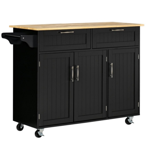 CARRELLO DA CUCINA IN LEGNO CON 2 CASSETTI, ARMADIETTO 3 ANTE E 4 RUOTE, 121X46X91CM, NERO