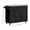 CARRELLO DA CUCINA IN LEGNO CON 2 CASSETTI, ARMADIETTO 3 ANTE E 4 RUOTE, 121X46X91CM, NERO