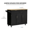 CARRELLO DA CUCINA IN LEGNO CON 2 CASSETTI, ARMADIETTO 3 ANTE E 4 RUOTE, 121X46X91CM, NERO