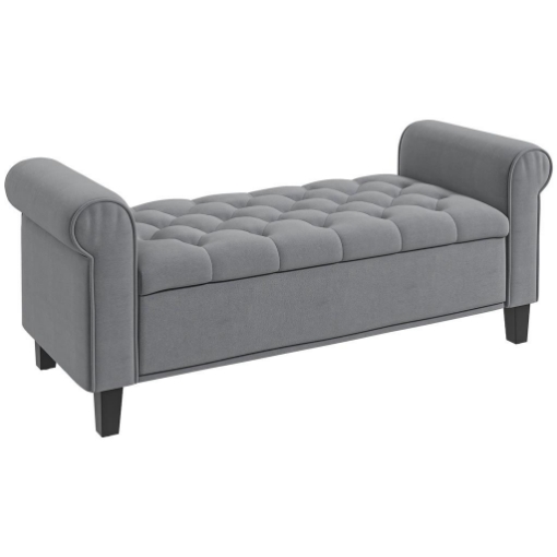 PANCA FONDO LETTO IN TESSUTO VELLUTATO CON SPAZIO PORTAOGGETTI E BRACCIOLI, 126X48.5X57 CM, GRIGIO