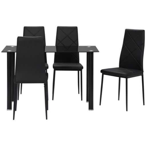 SET TAVOLO DA PRANZO CON 4 SEDIE, PIANO IN VETRO E SEDIE IMBOTTITE IN FINTA PELLE, NERO