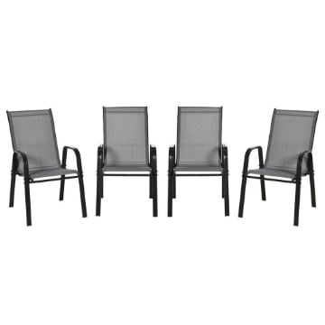 SET 4 SEDIE DA GIARDINO IMPILABILI E SALVASPAZIO CON BRACCIOLI IN METALLO E TESSUTO A RETE, GRIGIO