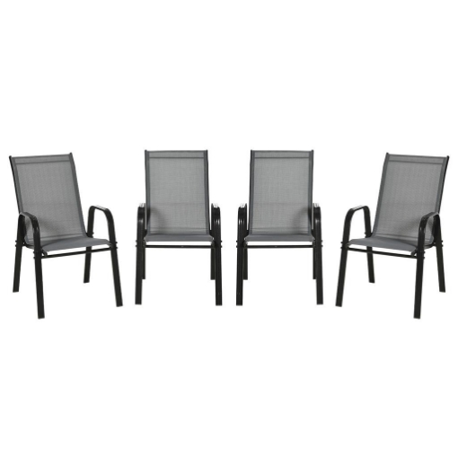 SET 4 SEDIE DA GIARDINO IMPILABILI E SALVASPAZIO CON BRACCIOLI IN METALLO E TESSUTO A RETE, GRIGIO