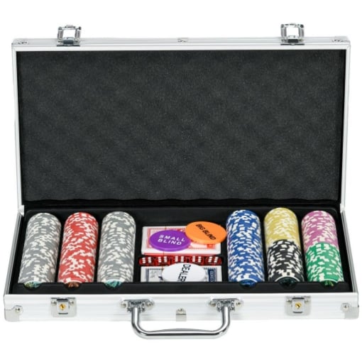 SET POKER PER 7-8 GIOCATORI CON 300 FICHES, 2 MAZZI DI CARTE E 5 DADI, IN ALLUMINIO E POLIESTERE