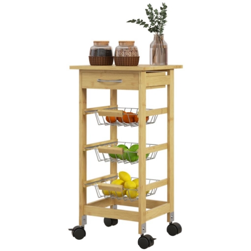 CARRELLO CUCINA CON RUOTE, CASSETTO E 3 CESTINI A RETE METALLICA, 37X37X76CM, COLORE LEGNO