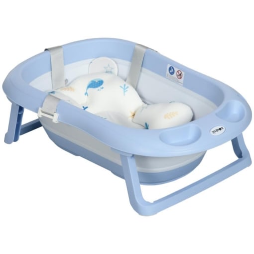 VASCHETTA BAGNETTO PIEGHEVOLE BAMBINI 0-6 ANNI CON CUSCINO E 2 RIPIANI, 83X48X23.5 CM, BLU E BIANCO