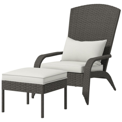 SEDIA DA GIARDINO CON POGGIAPIEDI E CUSCINI IMBOTTITI, IN RATTAN E ACCIAIO, 64X82X89 CM, GRIGIO E CREMA