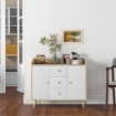 CREDENZA MODERNA IN TRUCIOLATO E LEGNO DI PINO CON 3 CASSETTI E 2 ARMADIETTI A 2 LIVELLI, 90X32X80A CM