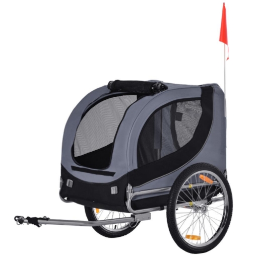 RIMORCHIO BICI PER CANI TAGLIA MEDIA CON FINESTRE LATERALI E BANDIERINA, 130X73X90 CM, GRIGIO E NERO