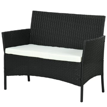 DIVANO DA GIARDINO A 2 POSTI CON CUSCINO E BRACCIOLI IN RATTAN PE E ACCIAIO, 100X54X80CM, NERO