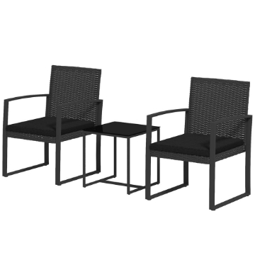 SET DA GIARDINO 3 PEZZI CON 2 SEDIE CON CUSCINI E TAVOLINO CON PIANO IN VETRO, EFFETTO RATTAN NERO