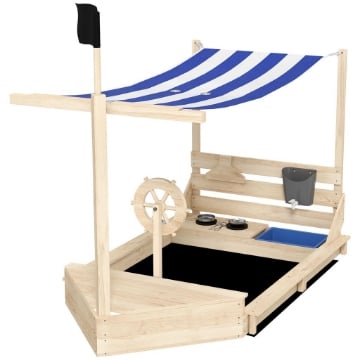 SABBIERA PER BAMBINI 3-7 ANNI CON TETTUCCIO E SET DA CUCINA, IN LEGNO DI ABETE, 180X103X144.5 CM