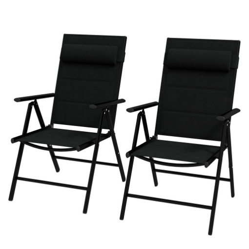 SET 2 SEDIE PIEGHEVOLI CON SCHIENALE RECLINABILE E POGGIATESTA, IN ALLUMINIO E POLIESTERE, 54X67X108 CM, NERO