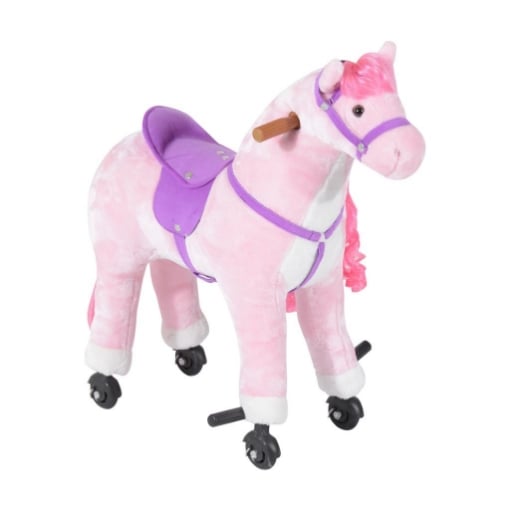 CAVALLO A DONDOLO PER BAMBINI 3+ ANNI CON 4 ROTELLE, SUONI REALISTICI E POGGIAPIEDI, 65X28X75 CM, ROSA