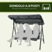 DONDOLO 3 POSTI CON TETTUCCIO REGOLABILE E CUSCINI, IN ACCIAIO E POLIESTERE, 172X110X153 CM, GRIGIO