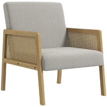 POLTRONCINA STILE BOHO DA SALOTTO E CAMERA IN POLIESTERE CON BRACCIOLI IN LEGNO, 65.5X72X78 CM, GRIGIO