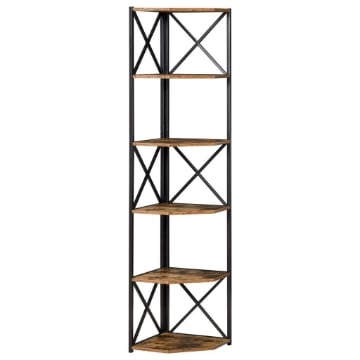 LIBRERIA ANGOLARE A MURO, SCAFFALE STILE INDUSTRIALE IN LEGNO E METALLO CON 5 RIPIANI, 39X39X175CM, MARRONE RUSTICO