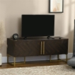 MOBILE PORTA TV FINO A 55" CON 2 ARMADIETTI IN LEGNO E METALLO, 120X39X50 CM, MARRONE E ORO