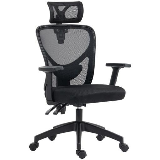 SEDIA DA UFFICIO ERGONOMICA CON ALTEZZA REGOLABILE, SUPPORTO LOMBARE E POGGIATESTA, 66X61X106-116CM NERO