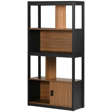 MOBILE LIBRERIA  4 LIVELLI APERTI CON ARMADIETTO, IN TRUCIOLATO E MDF, 76.5X30X150 CM, MARRONE E NERO