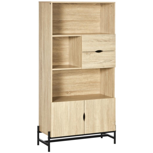 MOBILE LIBRERIA A PARETE IN MDF E METALLO CON 2 CASSETTI, 2 ARMADIETTI E 4 RIPIANI APERTI, 80X35X155 CM