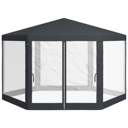 GAZEBO DA GIARDINO ESAGONALE CON DOPPIO INGRESSO, IN METALLO E POLIESTERE, 3.94X3.94X2.5 M, GRIGIO