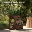 FIORIERA IN LEGNO DA ESTERNO A 2 LIVELLI CON 3 VASI E RUOTE DI CARRO STILE COUNTRY, 55X32X56CM