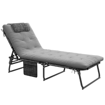 LETTINO DA GIARDINO PIEGHEVOLE E RECLINABILE CON TASCA LATERALE, 68X189X30 CM, NERO E GRIGIO