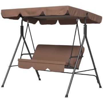 DONDOLO DA GIARDINO A 3 POSTI CON TETTUCCIO PARASOLE INCLINABILE E CUSCINI, 172X110X153 CM, MARRONE E NERO