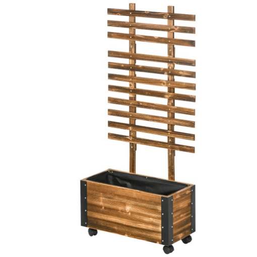 FIORIERA CON TRALICCIO PER RAMPICANTI E ROTELLE, IN LEGNO DI ABETE, 65X31X147 CM, MARRONE