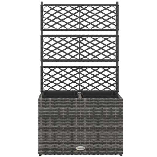 FIORIERA CON GRIGLIATO PER RAMPICANTI CON 2 VASI IN ACCIAIO E RATTAN PE, 57X30X107CM, GRIGIO