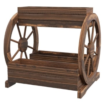 FIORIERA IN LEGNO DA ESTERNO A 2 LIVELLI CON 3 VASI E RUOTE DI CARRO STILE COUNTRY, 64X54X60CM