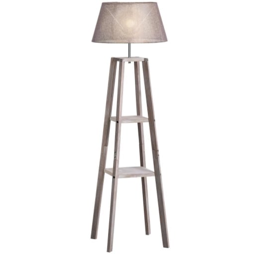 LAMPADA DA TERRA IN LEGNO CON 3 RIPIANI E PARALUME IN TESSUTO, 45X45X148CM, GRIGIO