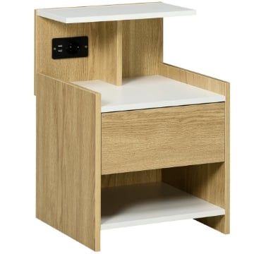 COMODINO MODERNO CON 2 PRESE, 2 PORTE USB E CASSETTO IN TRUCIOLATO, 40X40X60CM, COLOR LEGNO