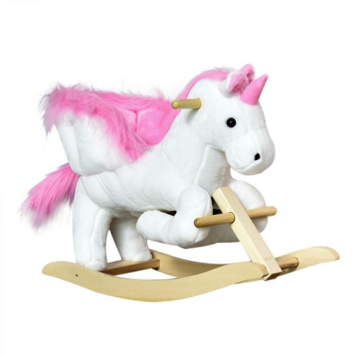 CAVALLO A DONDOLO A FORMA DI UNICORNO CON MUSICA, STRUTTURA IN METALLO E LEGNO, RIVESTIMENTO PELUCHE, 65X32X55CM, BIANCO ROSA