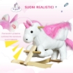 CAVALLO A DONDOLO A FORMA DI UNICORNO CON MUSICA, STRUTTURA IN METALLO E LEGNO, RIVESTIMENTO PELUCHE, 65X32X55CM, BIANCO ROSA