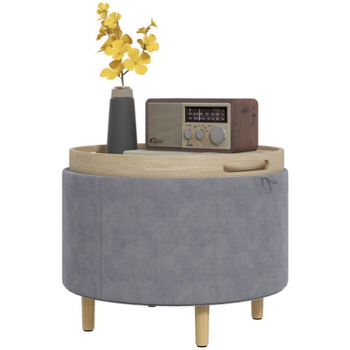 POUF CONTENITORE VELLUTATO DA 120 KG MAX CON VASSOIO A RIBALTA, IN MDF E ROVERE, 56X56X42 CM, GRIGIO