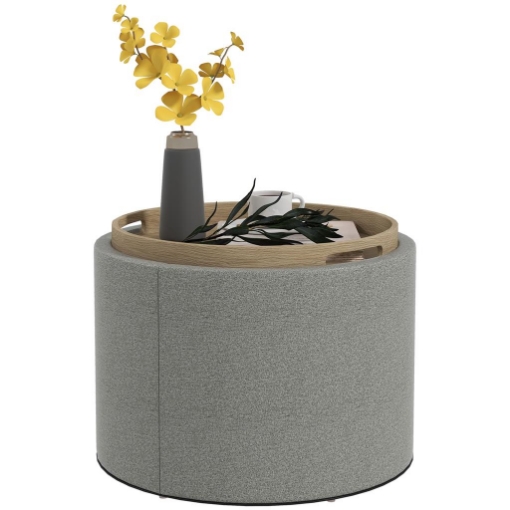 POUF CONTENITORE EFFETTO LINO DA 120 KG MAX CON VASSOIO A RIBALTA, IN MDF, 56X56X42 CM, GRIGIO