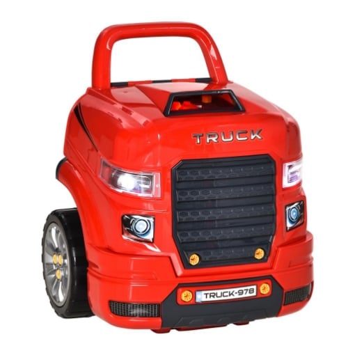 OFFICINA CAMION GIOCATTOLO CON MOTORE E 61 ACCESSORI PER BAMBINI 3-5 ANNI, RUOTE E MANIGLIA, 40X39X47CM - ROSSO