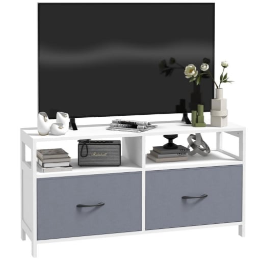 MOBILE TV 45" MAX IN MDF E TESSUTO NON TESSUTO CON 2 CASSETTI E 2 RIPIANI, 100X30X53 CM, BIANCO E GRIGIO