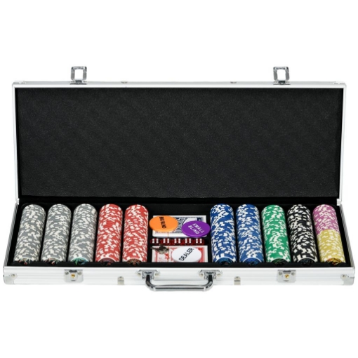 SET POKER PER 9-10 GIOCATORI CON 500 FICHES, 2 MAZZI DI CARTE E 5 DADI, IN ALLUMINIO E POLIESTERE