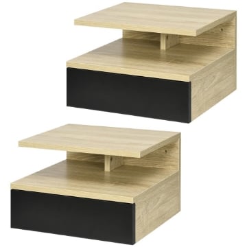 SET DI 2 COMODINI SOSPESI MODERNI CON CASSETTO E MENSOLA SUPERIORE, 35X32X22.5CM, ROVERE E NERO